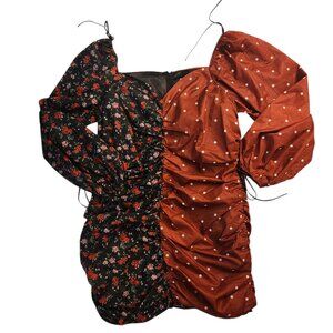 Latiste Dress Size 1X Half Floral Print Polka Dot Orange Black Long Sleeve Mini